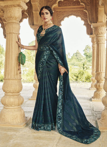 Grand Teal Color Fancy Fabric Partywear Saree