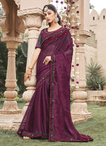 Elegant Wine Color Shimmer Fabric Designer Saree