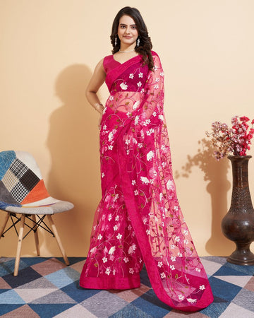 Elegant Pink Color Net Fabric Designer Saree