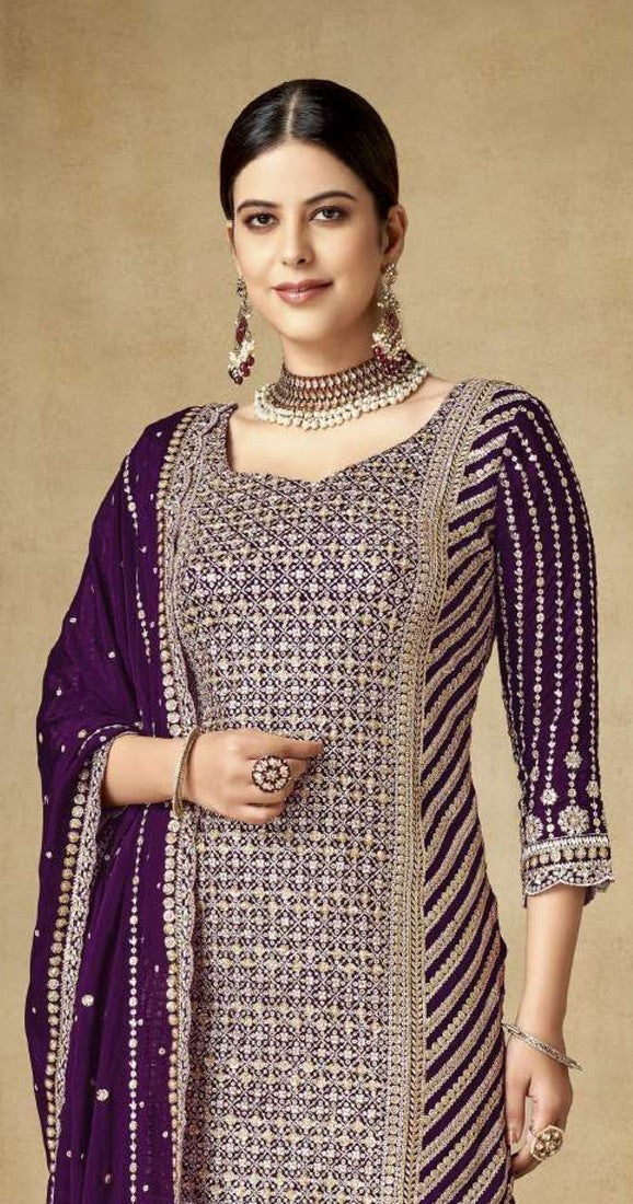 Tasteful Voilet Color Chinon Fabric Sharara Suit