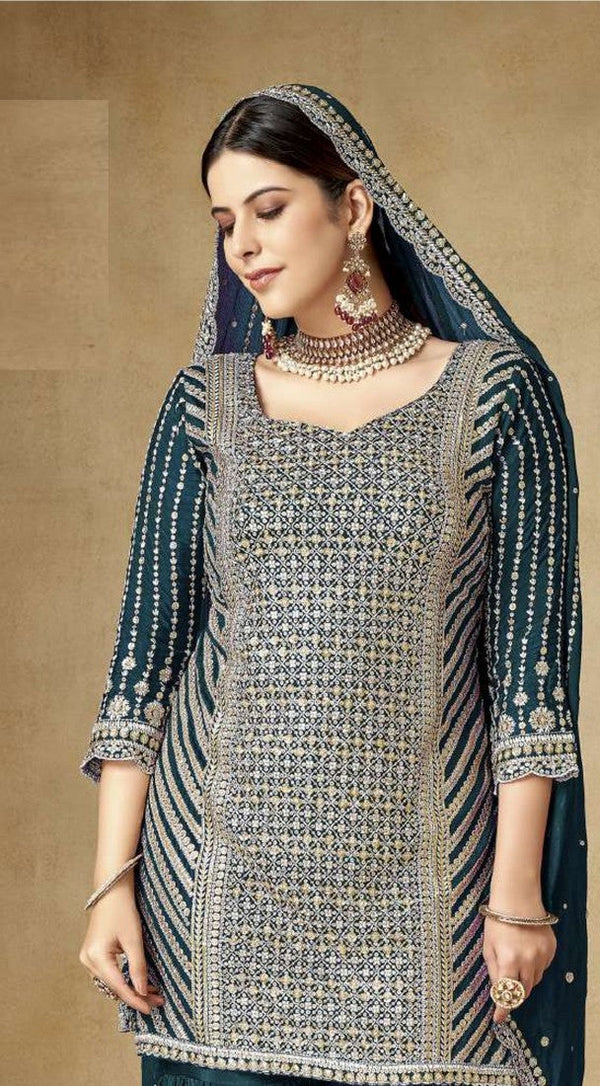 Tasteful Teal Color Chinon Fabric Sharara Suit
