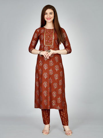 Lovely Brown Color Rayon Fabric Casual Kurti With Bottom