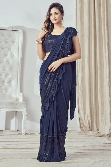 Beautiful Navy Blue Color Lycra Fabric Readymade Saree