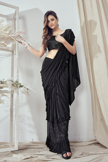 Beautiful Black Color Lycra Fabric Readymade Saree