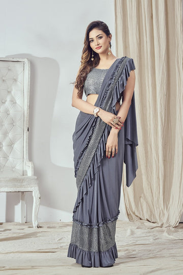 Beautiful Grey Color Lycra Fabric Readymade Saree