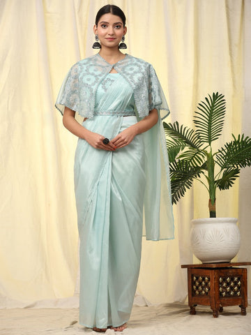 Pretty Aqua Color Satin Fabric Readymade Saree