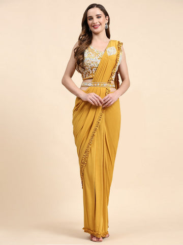 Pretty Yellow Color Lycra Fabric Readymade Saree