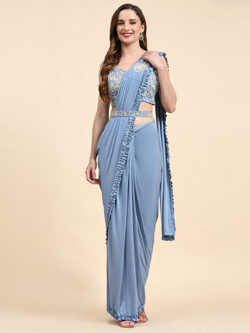 Pretty Blue Color Lycra Fabric Readymade Saree