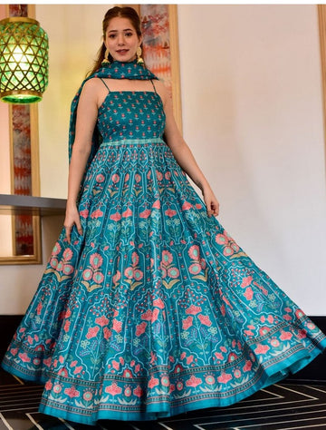 Stunning Turquoise Color Silk Fabric Gown