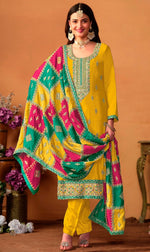 Tasteful Yellow Color Chinon Fabric Partywear Suit