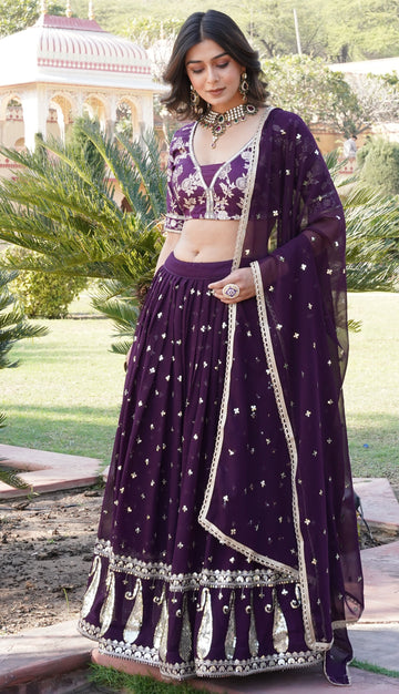 Glowing Voilet Color Georgette Fabric Party Wear Lehenga