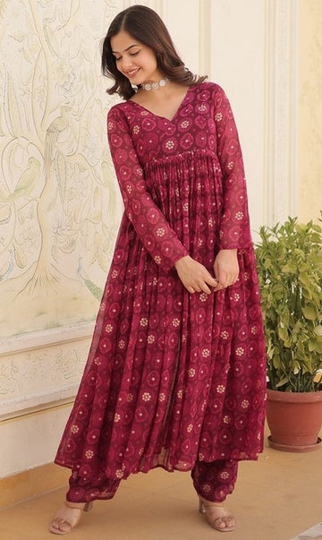 Lovely Wine Color Georgette Fabric Designer Kurti With Bottom