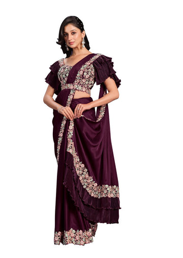 Pretty Voilet Color Satin Fabric Readymade Saree