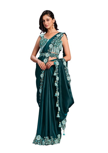 Pretty Teal Color Satin Fabric Readymade Saree