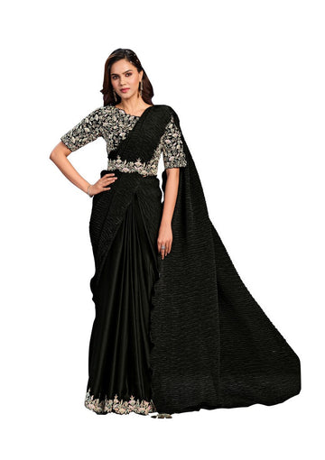 Pretty Black Color Satin Fabric Readymade Saree