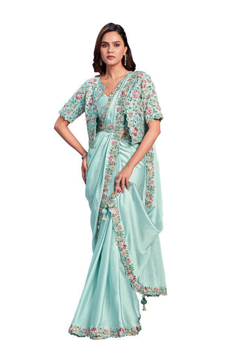 Pretty Aqua Color Satin Fabric Readymade Saree with Belt