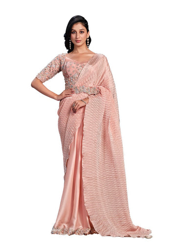 Pretty Peach Color Satin Fabric Readymade Saree with Belt
