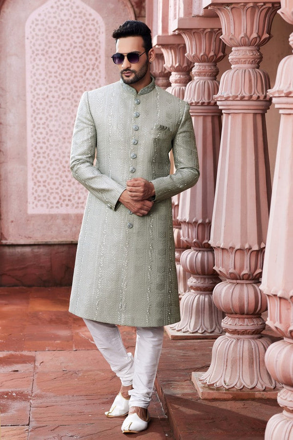 Elegant Grey Color Art Silk Fabric Sherwani
