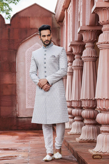 Elegant Grey Color Art Silk Fabric Sherwani