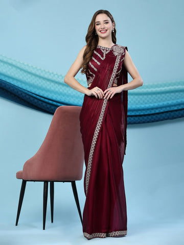 Elegant Maroon Color Satin Fabric Readymade Saree