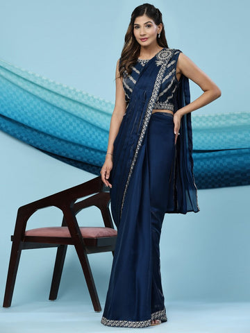 Elegant Navy Blue Color Satin Fabric Readymade Saree