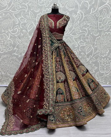 Appealing Maroon Color Velvet Fabric Bridal Lehenga