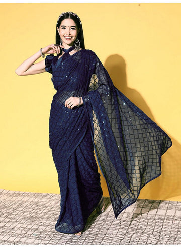 Lovely Navy Blue Color Georgette Fabric Partywear Saree