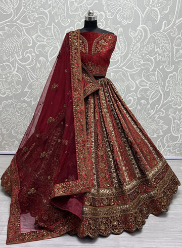 Captivating Red Color Velvet Fabric Bridal Lehenga