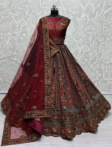 Captivating Maroon Color Velvet Fabric Bridal Lehenga
