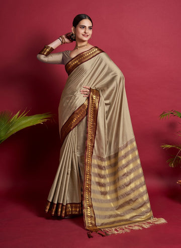 Beauteous Beige Color Silk Fabric Casual Saree