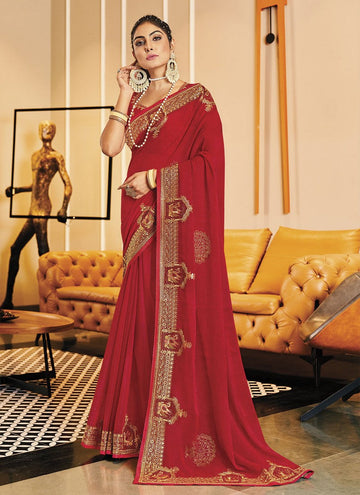 Beauteous Red Color Shimmer Fabric Designer Saree
