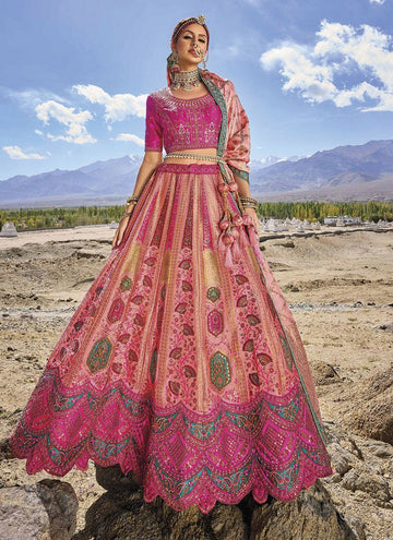 Amazing Pink Color Banarasi Fabric Wedding Lehenga