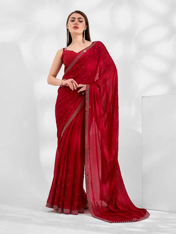 Ideal Red Color Satin Fabric Casual Saree