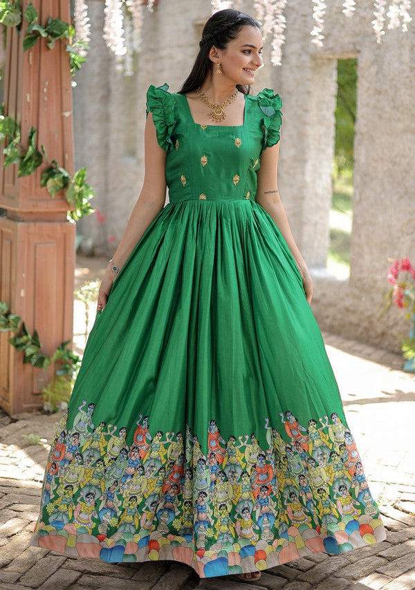 Splendid Green Color Silk Fabric Gown