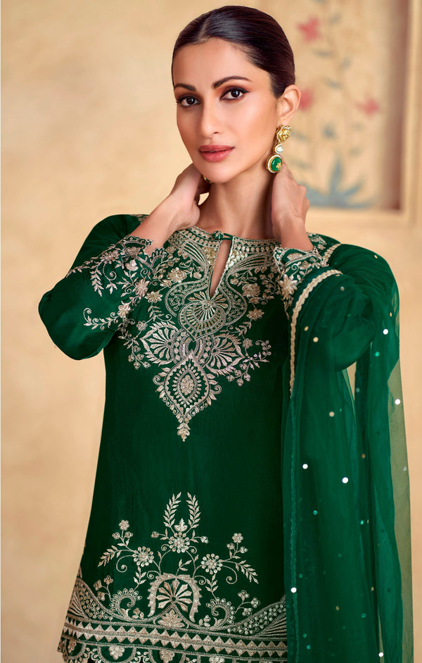 Amazing Green Color Silk Fabric Plazzo Suit