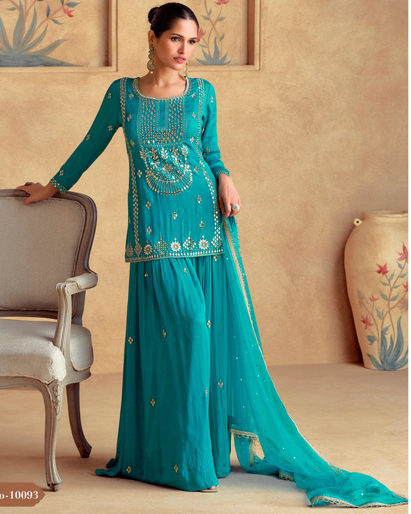 Amazing Turquoise Color Silk Fabric Plazzo Suit