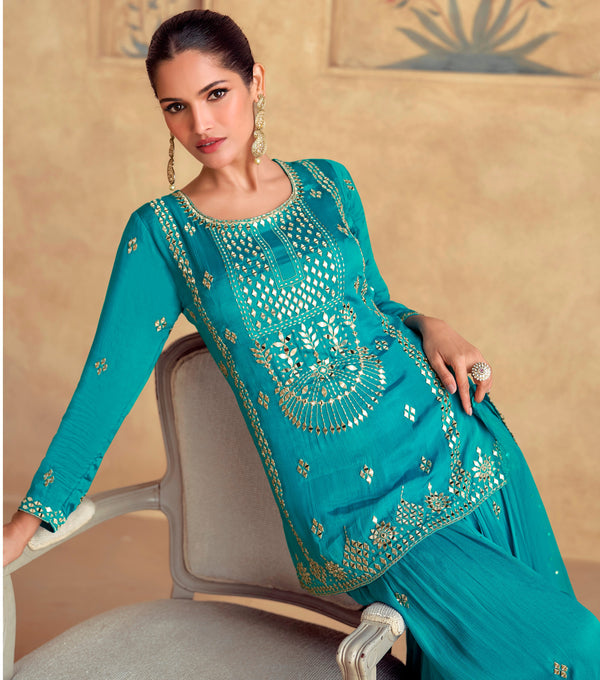 Amazing Turquoise Color Silk Fabric Plazzo Suit