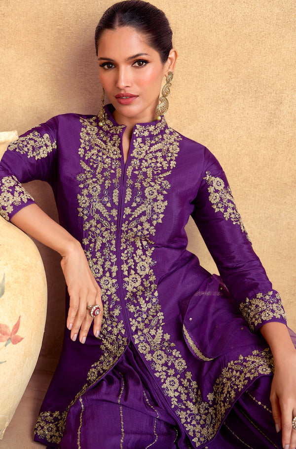 Amazing Purple Color Silk Fabric Plazzo Suit