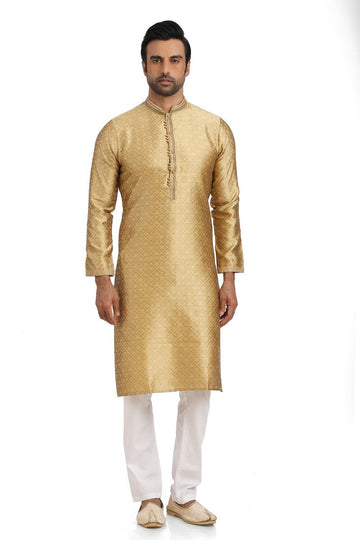 Ideal Golden Color Jacquard Fabric Kurta Pajama