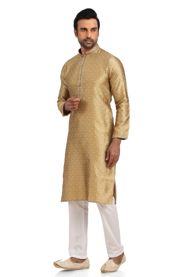 Ideal Golden Color Jacquard Fabric Kurta Pajama