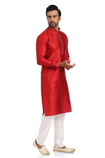 Ideal Red Color Jacquard Fabric Kurta Pajama