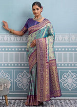 Lovely Aqua Color Kanjivaram Fabric Partywear Saree