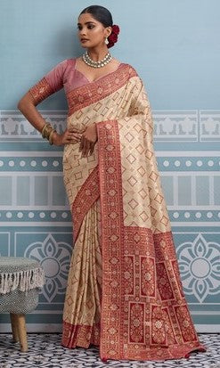 Lovely Cream Color Kanjivaram Fabric Partywear Saree