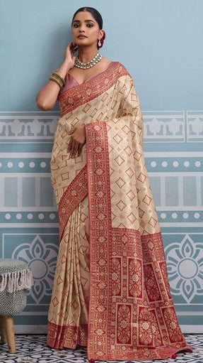 Lovely Cream Color Kanjivaram Fabric Partywear Saree
