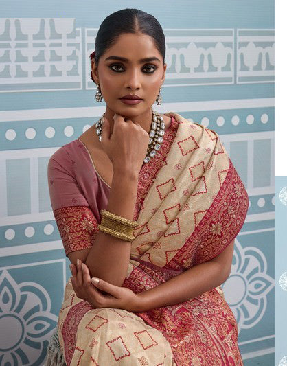 Lovely Cream Color Kanjivaram Fabric Partywear Saree