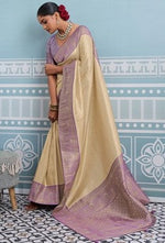 Lovely Cream Color Kanjivaram Fabric Partywear Saree