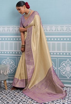 Lovely Cream Color Kanjivaram Fabric Partywear Saree