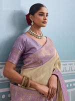 Lovely Cream Color Kanjivaram Fabric Partywear Saree