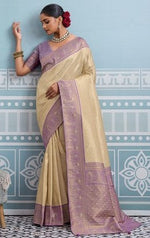 Lovely Cream Color Kanjivaram Fabric Partywear Saree