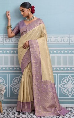 Lovely Cream Color Kanjivaram Fabric Partywear Saree